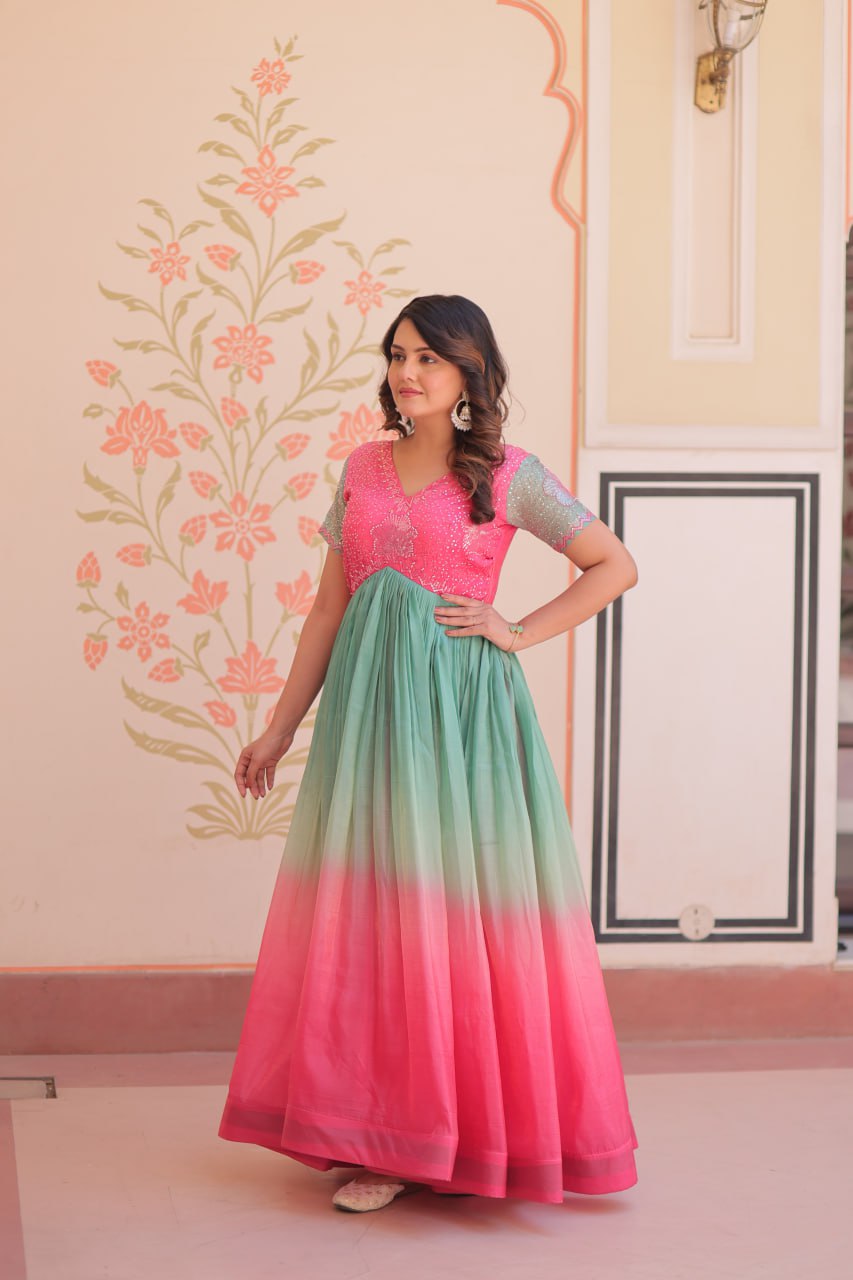 Women's Dual-Tone Ombre Gown in Candy Pink & Aqua Green with Embroidered Bodice – Festive & Contemporary Wear - Image 2